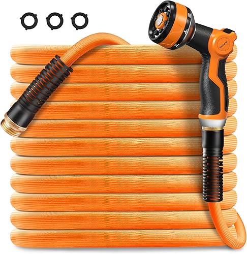 Omont Manguera de jardín no expandible de 50 pies, manguera de agua flexible con boquilla rociadora de 8 funciones, portátil, sin torceduras, a