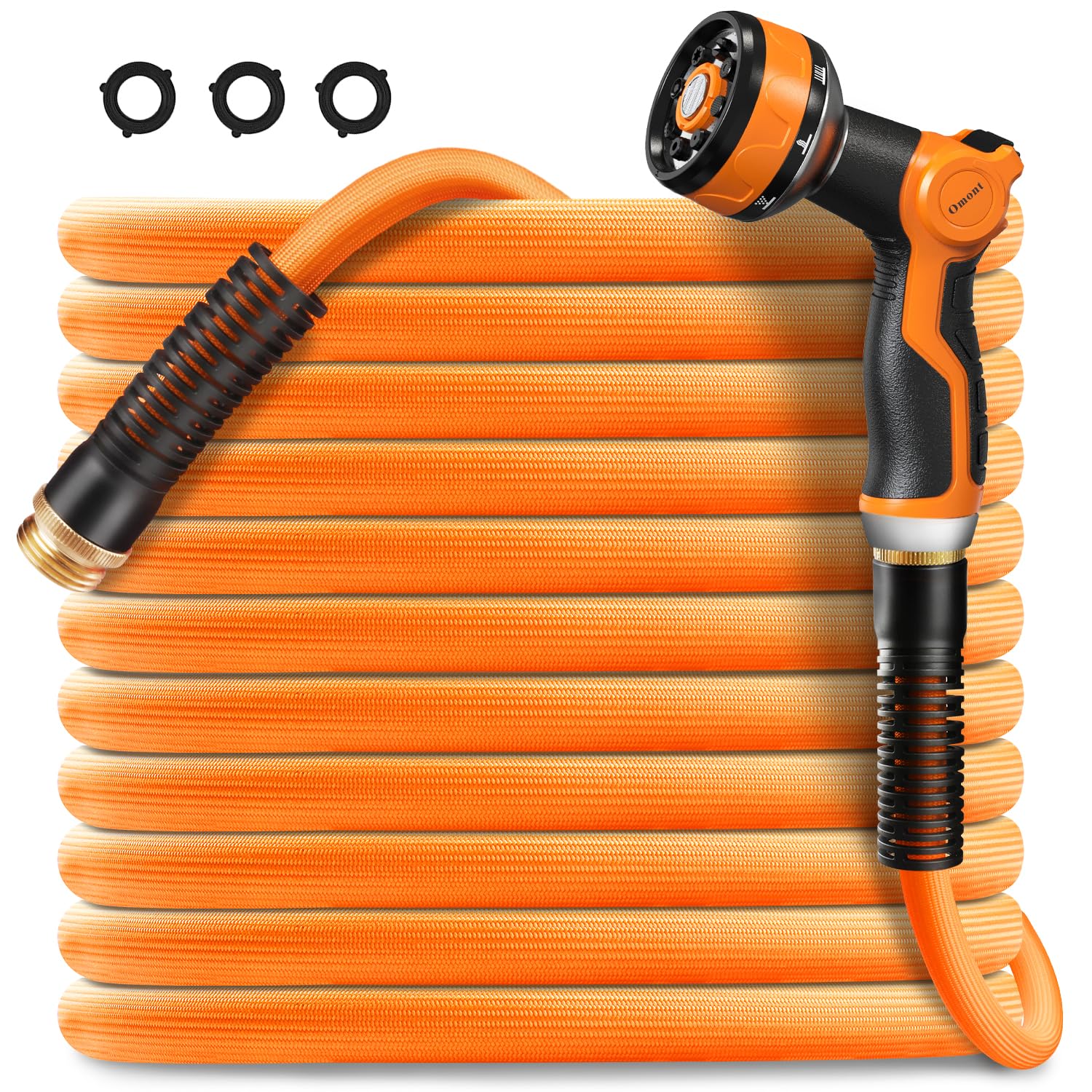 Omont Garden Hose 100ft – Non-Expandable, Flexible & Lightweight, Kink-Free Water Hose with 8-Function Spray Nozzle, Leak-Proof 3/4" Connector, for Garden, Lawn, Outdoor, Car Wash, Camper