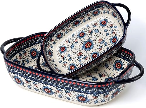 ONECCI Plato para hornear de cerámica, cacerola azul, juego de 2 piezas de utensilios para hornear, moldes para lasaña para horno (hierba de plasma