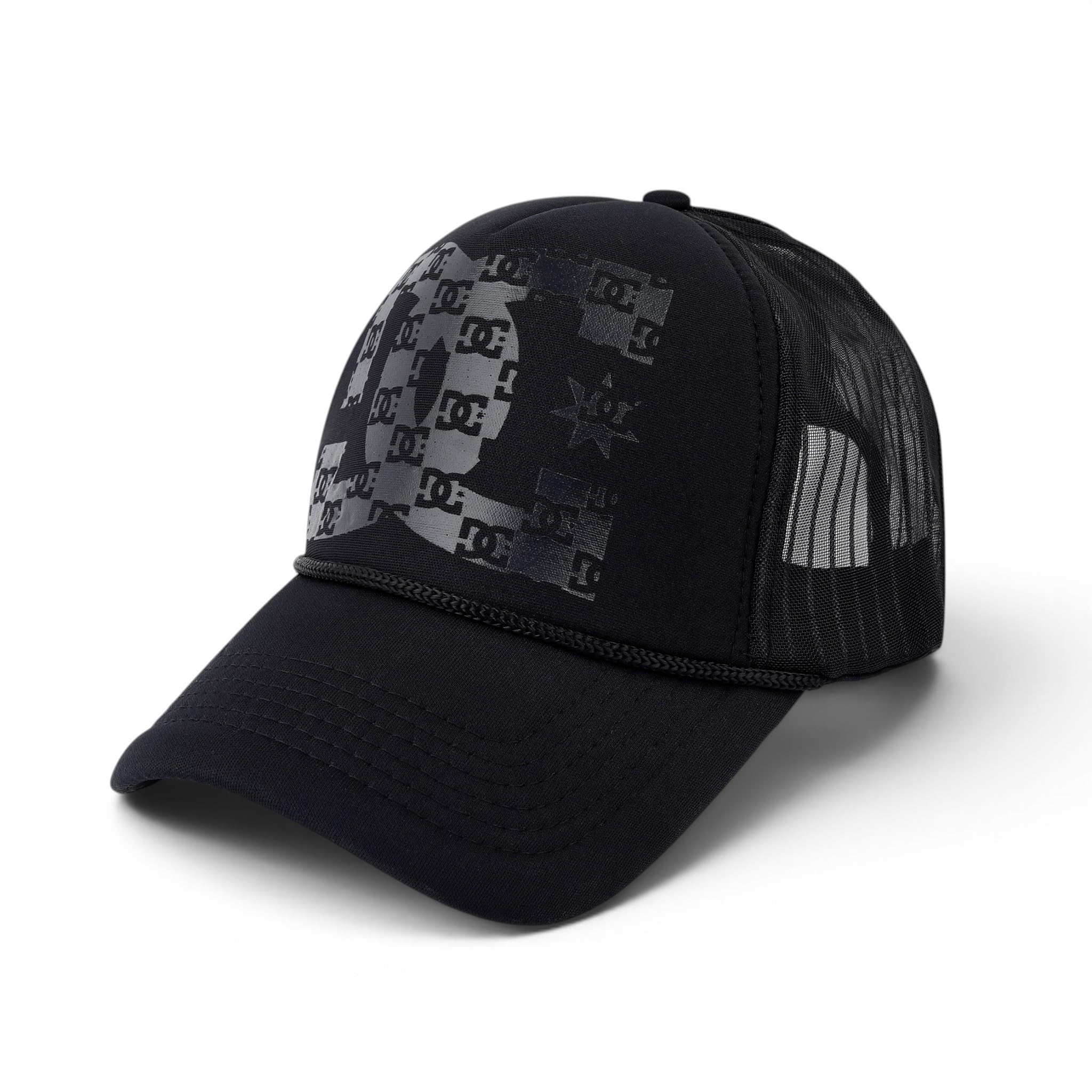 men & women printed black trucker cap mesh adjustable baseball cap with typography design