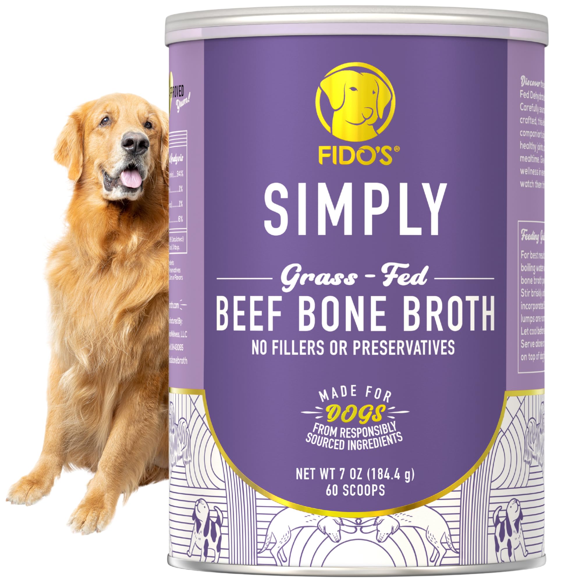 Fido's Grass-Fed Beef Bone Broth for Dogs 7oz with 94% Protein - Picky Eaters Human Grade Bone Broth Powder for Dogs - Made in USA - No Preservatives - Supports Joints + Gut Health - 60 Scoops