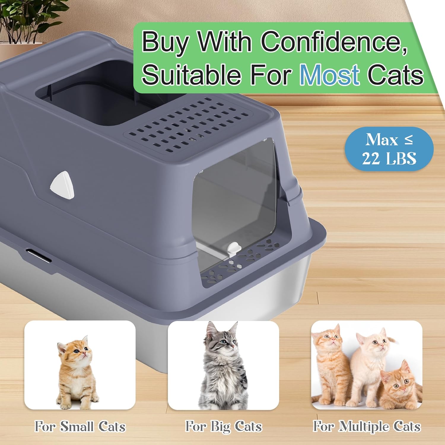 Stainless Steel Litter Box with Lid,XL Enclosed Extra Large Cat Litter Box High Wall, Cover Enclosed Top Entry Litter Boxs,with High Sided Enclosure & Scoop for Small to Big Cats& Kitty