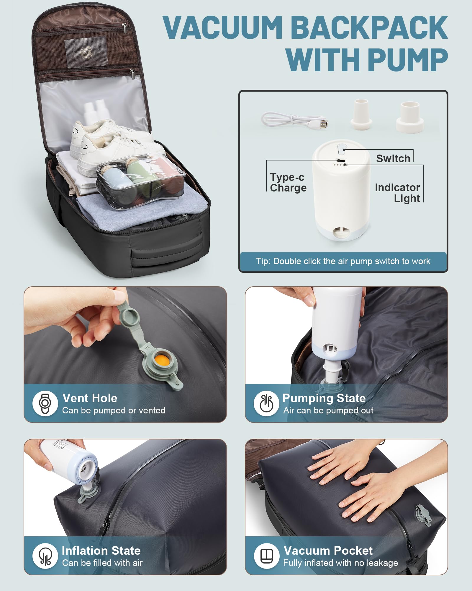 bergsalz Zaino Sottovuoto Viaggio Con Pompa, Zaino Ryanair Easyjet 45x36x20 Con Sottovuoto Incorporato, Zaino Da Viaggio Grande Da Donna Uomo Aereo Bagaglio a Mano Nero