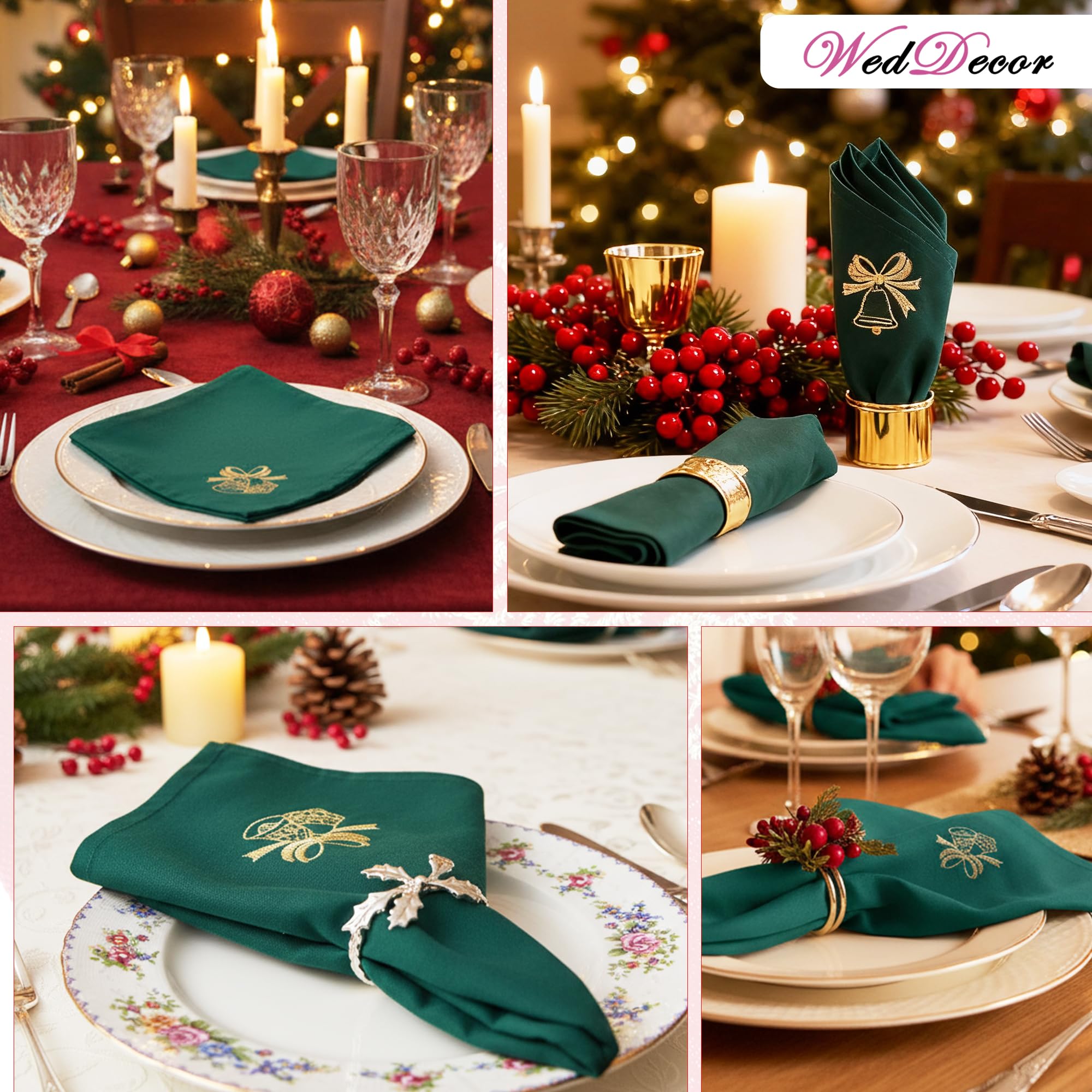 WedDecor 20 inch Filé Polyester Table Serviette avec Grelot Broderie pour Thème Noël Dîner Décorations pour Maison, Mariage,Banquet, Fête, Hôtel, Fête de Noël Décoration - Vert, 20 inch
