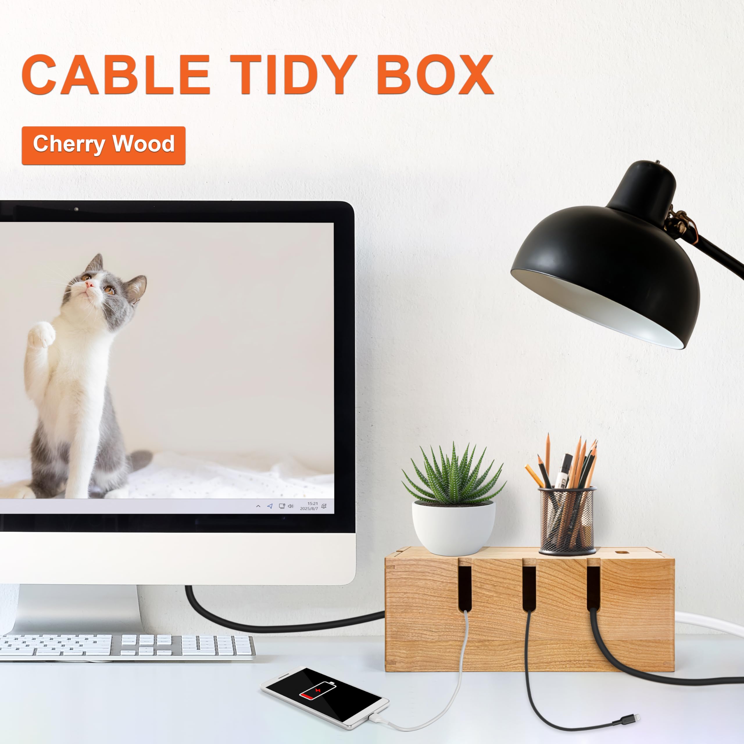 Elitzia Holz-Kabel-Ordnungsbox, groß, Schreibtisch-Kabelmanagementbox, Kabel-Organizer zum Verstecken von unordentlichen Kabeln, Drahtmanagement, natürliches Kirschholz, Kabelaufbewahrung