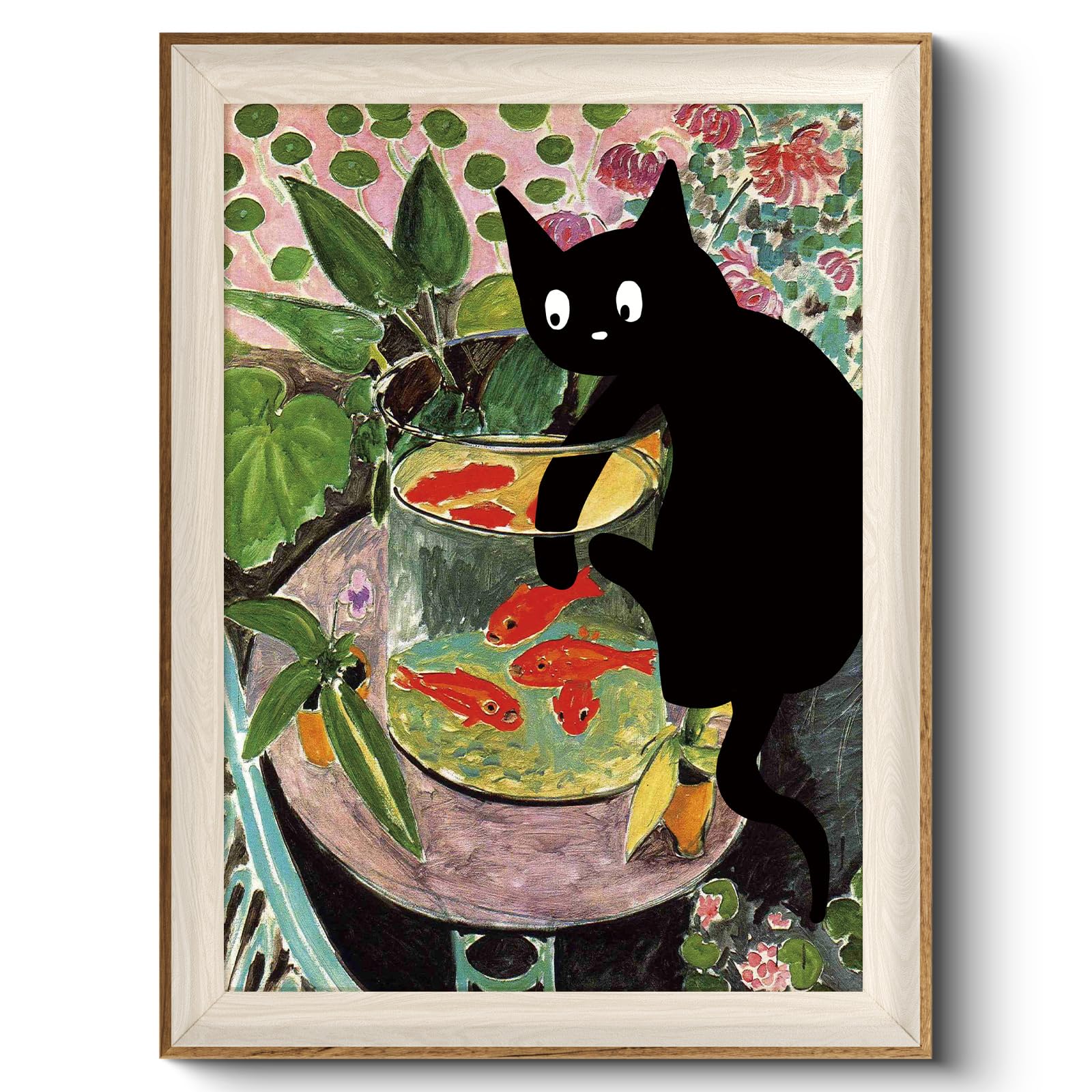 VIYYIEA Framed Canvas Wall Art, Vintage Wall Art for Living Room, Funny Oil Painting Picture Summer Home Decor Bathroom Wall Decor Gifts for Friends or Family -【Fishing Cat】-(12x16 inches)