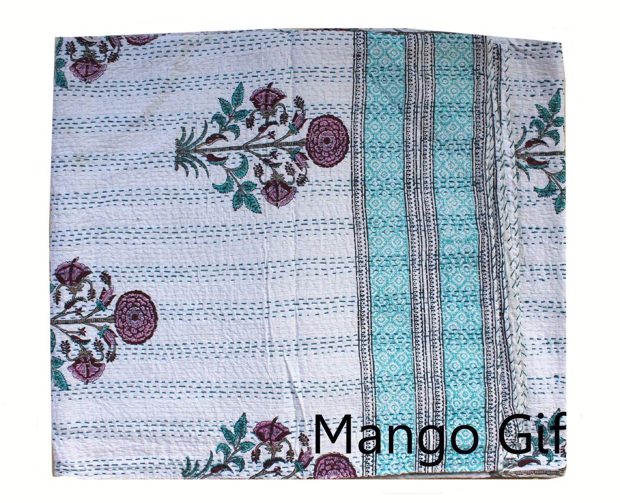 Traditional Handmade Kantha Bedspread 100% Cotton Hand Block Print Bed Cover, Export Quality, Size 88" X 106" Double Bed-image-12