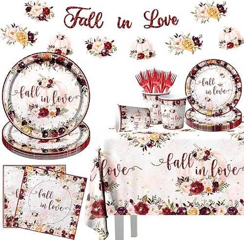 Decoración de despedida de soltera, 142 piezas de vajilla desechable de vino de otoño, platos y servilletas de otoño, mantel de calabaza floral para