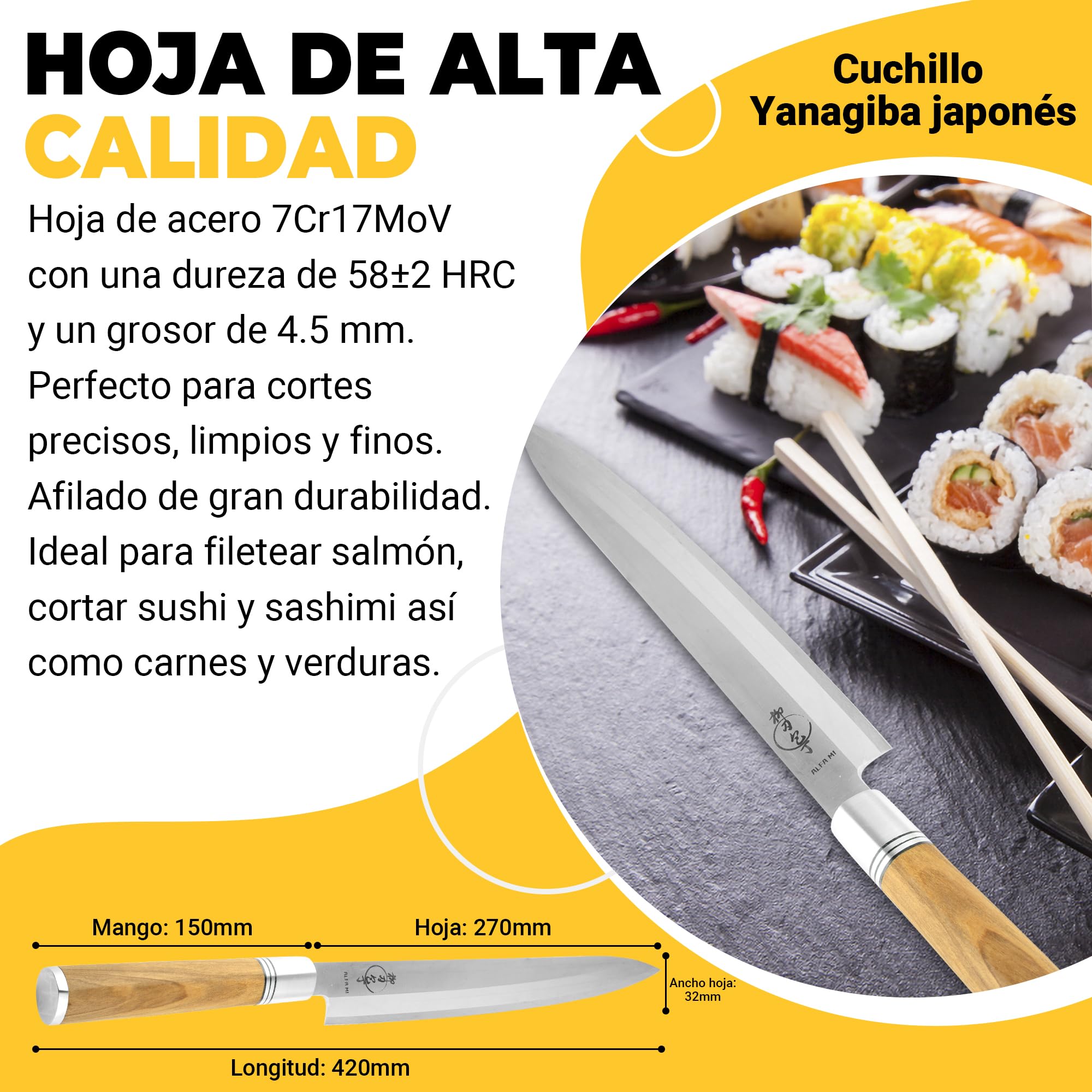 Alfa Mi Couteau japonais à sushi. Couteaux japonais yanagiba cuisine professionnelle 27 cm, ustensiles de cuisine fileter le saumon, manche en bois d'olivier et fourreau