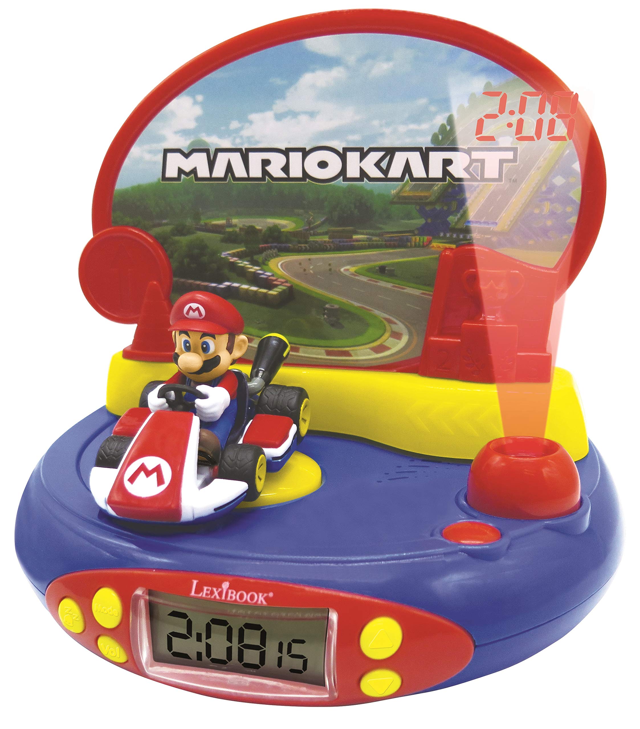 LEXIBOOK, Super Mario, Projector Alarm Clock for kids, Nightlight and time projection to the ceiling, Sound Effects, Battery-powered, Blue/red, RP500NI
