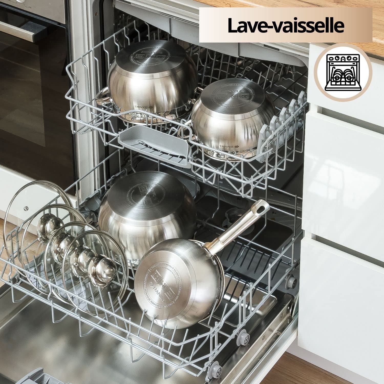 Daniks Classic Faitout en acier inoxydable avec couvercle en verre pour induction 3 l Ø 18 cm