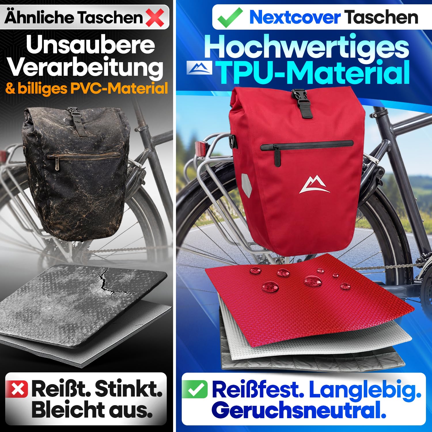 Nextcover® Borsa da bicicletta per portapacchi [AquaShield-TPU], 100% impermeabile, con sistema a clic e chiusura a rotola, borsa riflettente per bicicletta, con tracolla, borse per bicicletta