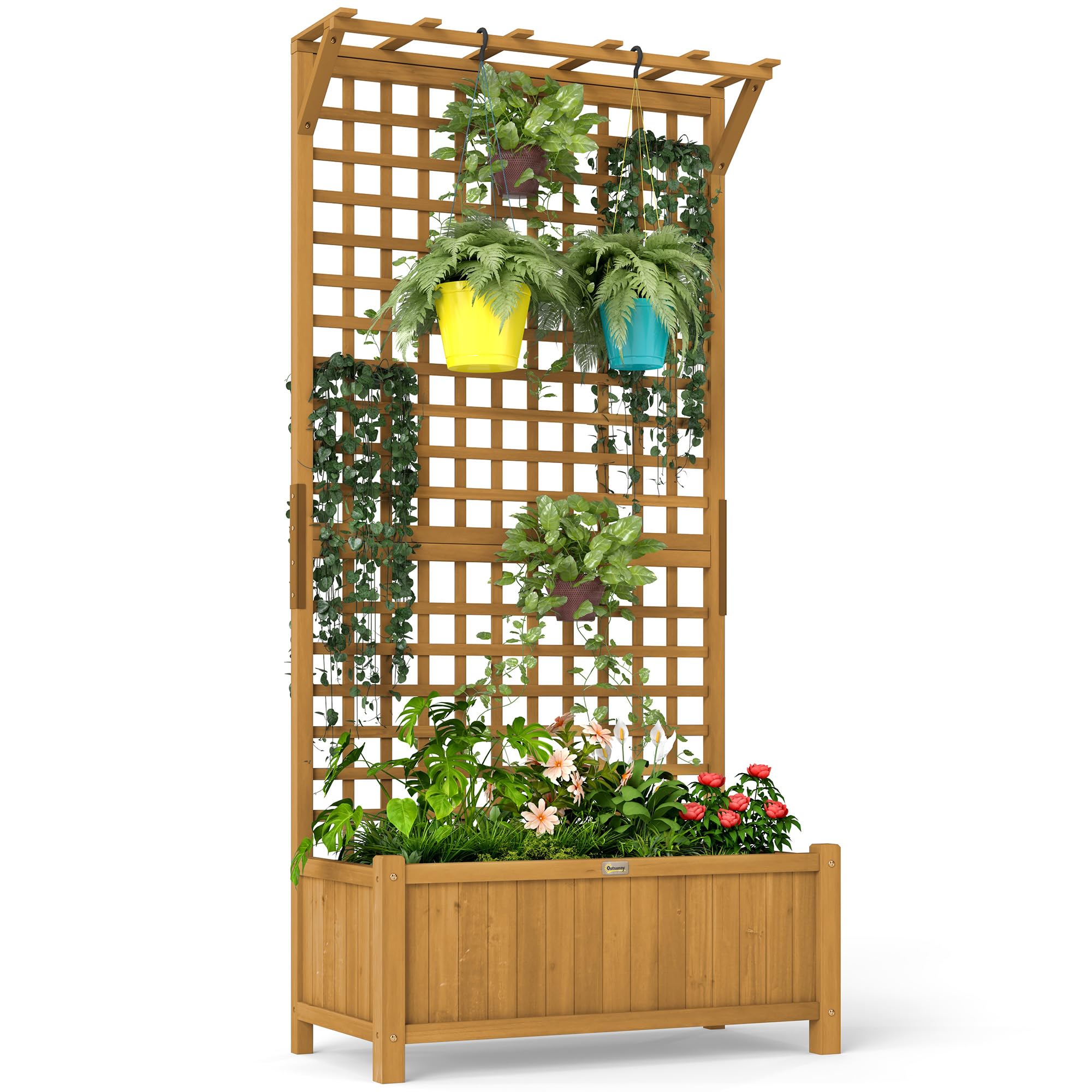 Outsunny Wood Planter with Trellis, Raised Garden Bed for Climbing Plants w/Drainage Holes and Roof, 35.5" x 17.75" x 72", Yellow