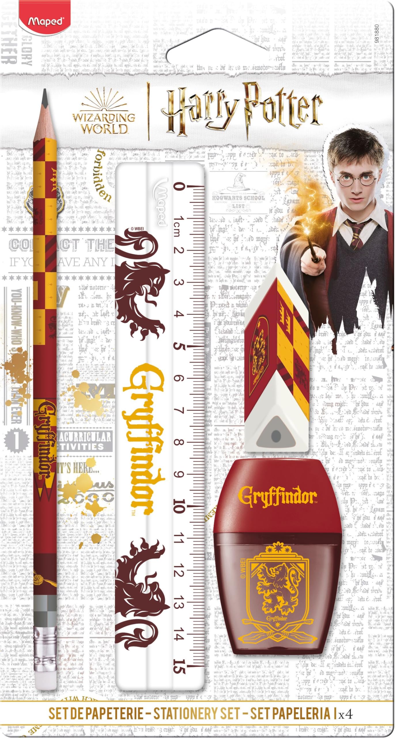 Maped - Gryffindor 4-teiliges Schreibwaren-Set – 1 transparentes Lineal 15 cm + 1 Anspitzer, 1 Loch + 1 Radiergummi + 1 Bleistift HB – Offizielles Lizenzprodukt von Harry Potter