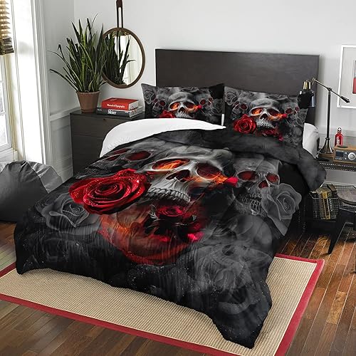 Miniatura 2 de AILONEN Juego de edredón de calavera, tamaño Queen, romántico juego de ropa de cama de calavera rosa, decoración de dormitorio, humo, niebla,