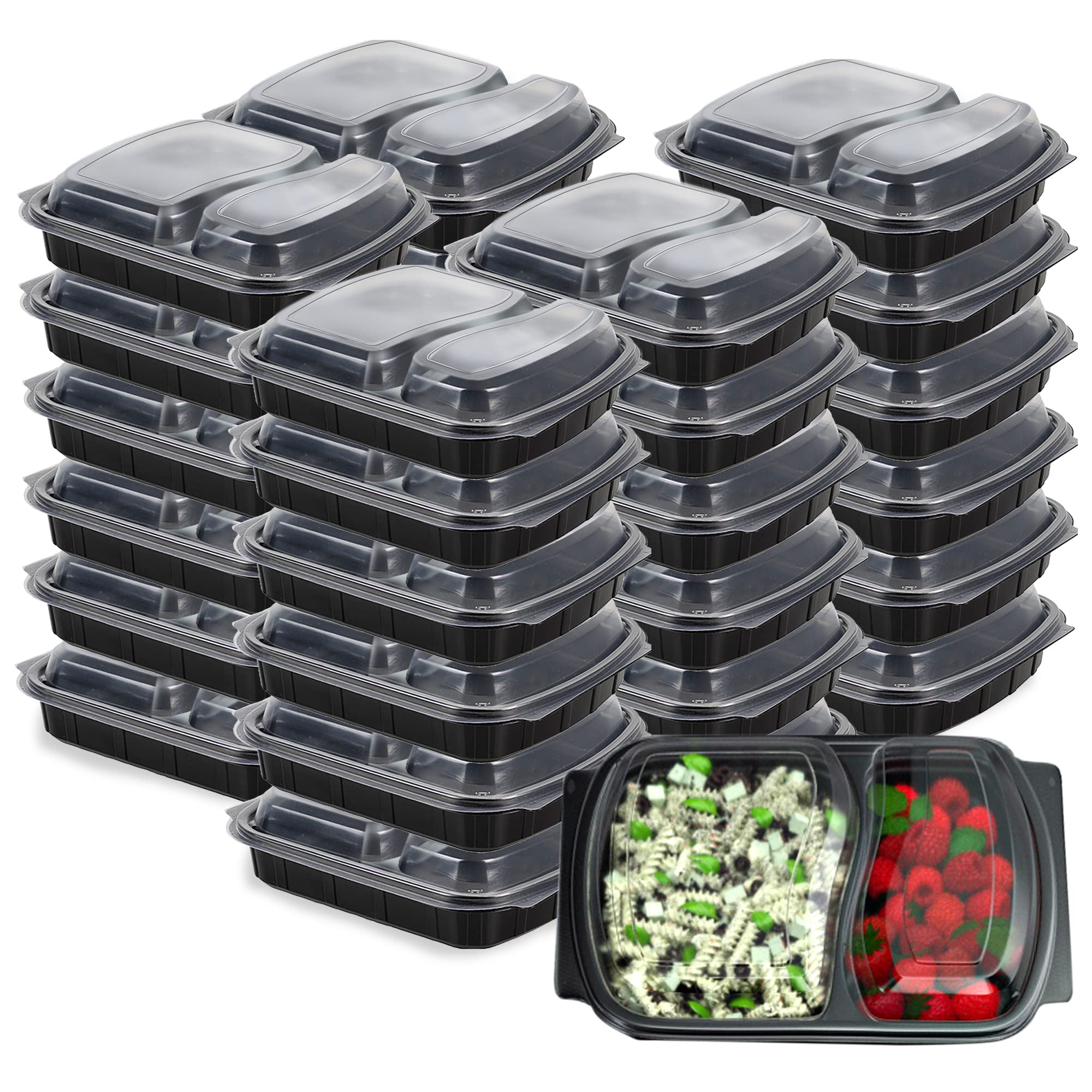 Sabco - 2 Compartment Reusable Meal Prep Containers Black Base with Lids BPA Free - Ideal for Batch Cooking Food Diet & Bodybuilding, Lunch Box, Takeaways & Airlines. (10)