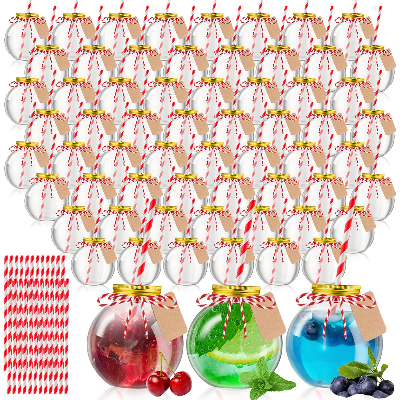 yaomiao 48 pcs 16 oz christmas ornament cups for drink empty plastic clear fish bowl with lids and straws spherical bottles bulk for holiday cocktails fishing party decorations candy gift