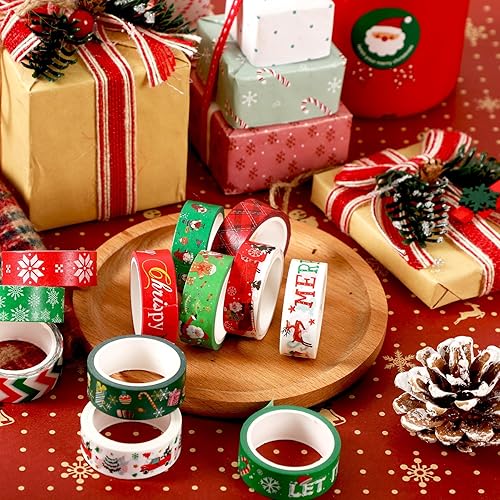 Miniatura 3 de SANNIX 12 Rollos de Cintas Adhesivas Washi de Navidad de 15mm de Ancho Árbol de Navidad, Copitos de Nieve, Papá Noel, Hombre de Jengibre, Cinta de