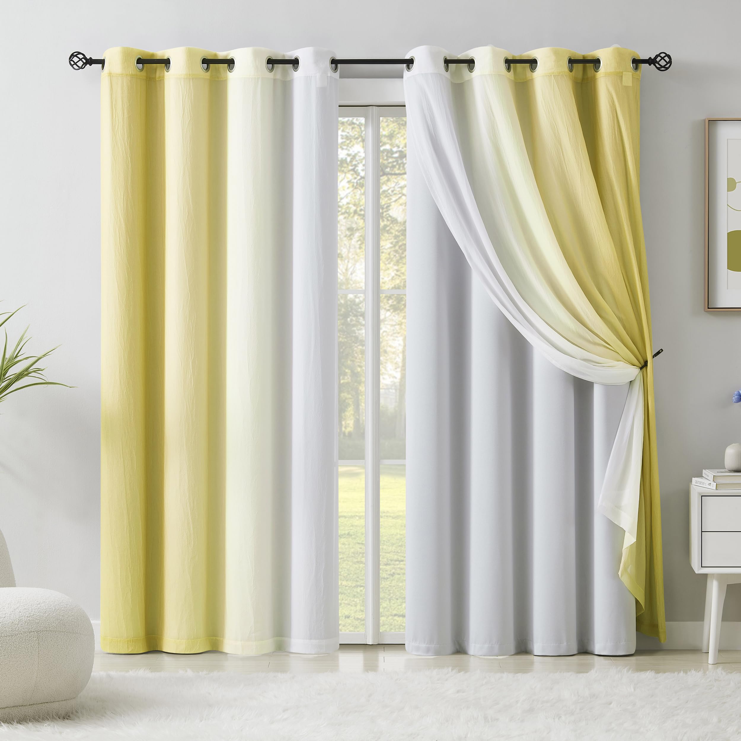 Set Di 4 Tende Oscuranti Mix And Match Per Camera Da Letto, 2 Bianche E 2 Chiffon Verde Acqua, 132x63 Cm - 2