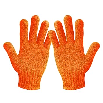 MIG4U Exfoliating Shower Gloves for Bath, Premium Nylon Body Wash Bathing Gloves for Men Women Spa, Massage and Skin Scrub, Dead Skin Remover with Hanging Loop, Orange, Regular Size