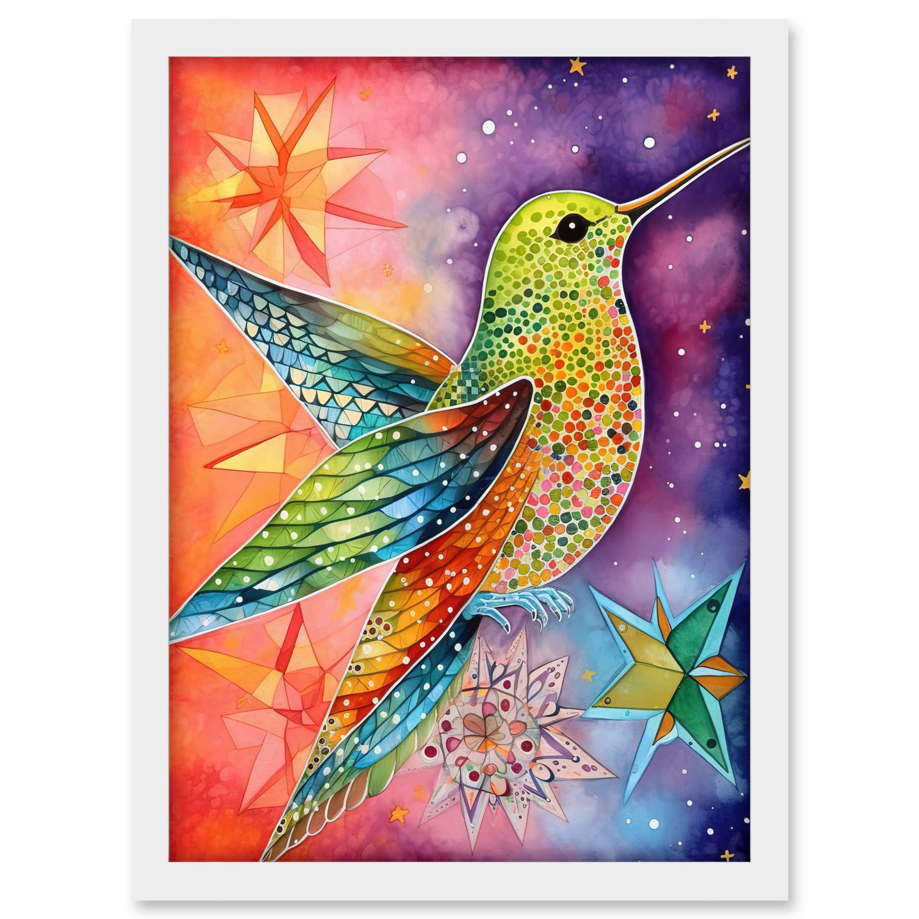 Artery8 Hummingbird In Vibrant Astral Field Folk Art Watercolour Painting Artwork Framed A3 Wall Art Print