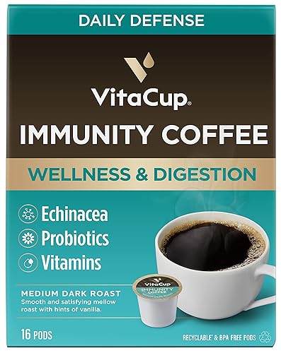 VitaCup - Cápsulas monodosis de café Immunity, con antioxidantes, equinácea, probióticos, vitamina C y D3, tostado intenso medio, reciclables,