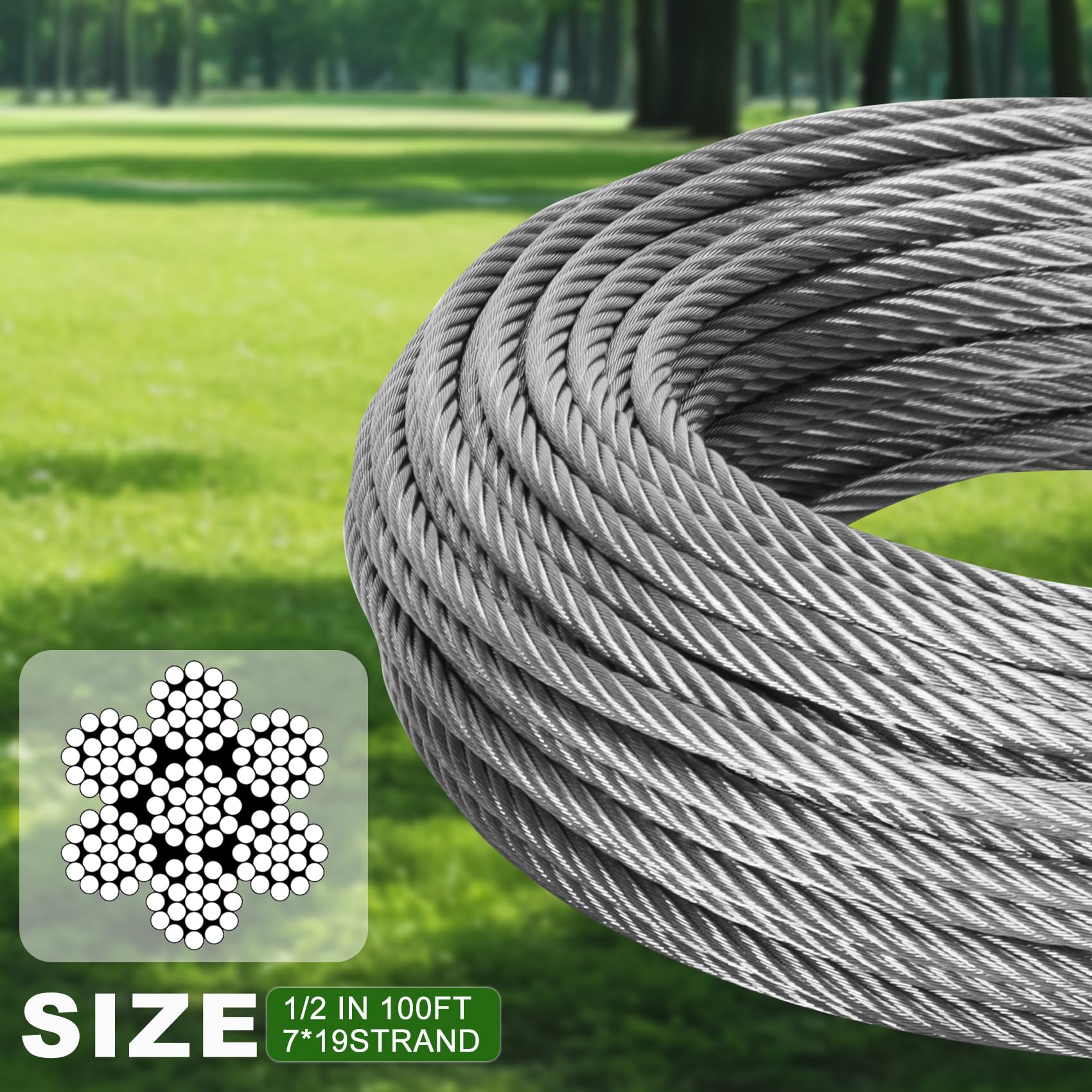 Kabel ze stali nierdzewnej 1,3 cm, 100 m, 7 x 19 żyłek, wytrzymałość na zerwanie 10,432 kg, drut ze stali nierdzewnej z zaciskami M12 i naparstkami do stacji dokującej, podnośnika łodzi