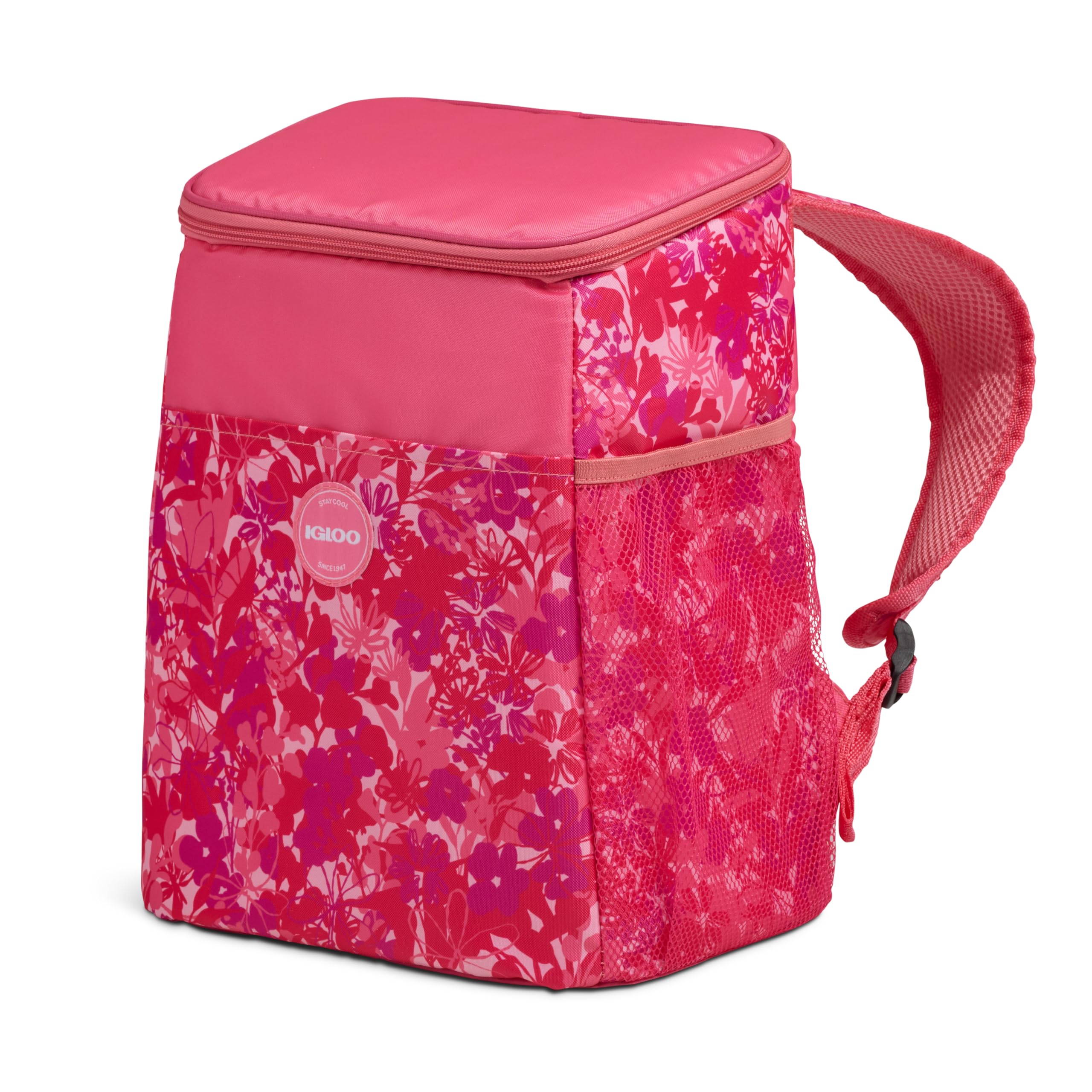 Print Essentials 18-Can Insulated Backpack Cooler, Floral Pink | Wide top zip opening, a front slip pocket and a mesh bottle sleeve, built from 100% GRS recycled material