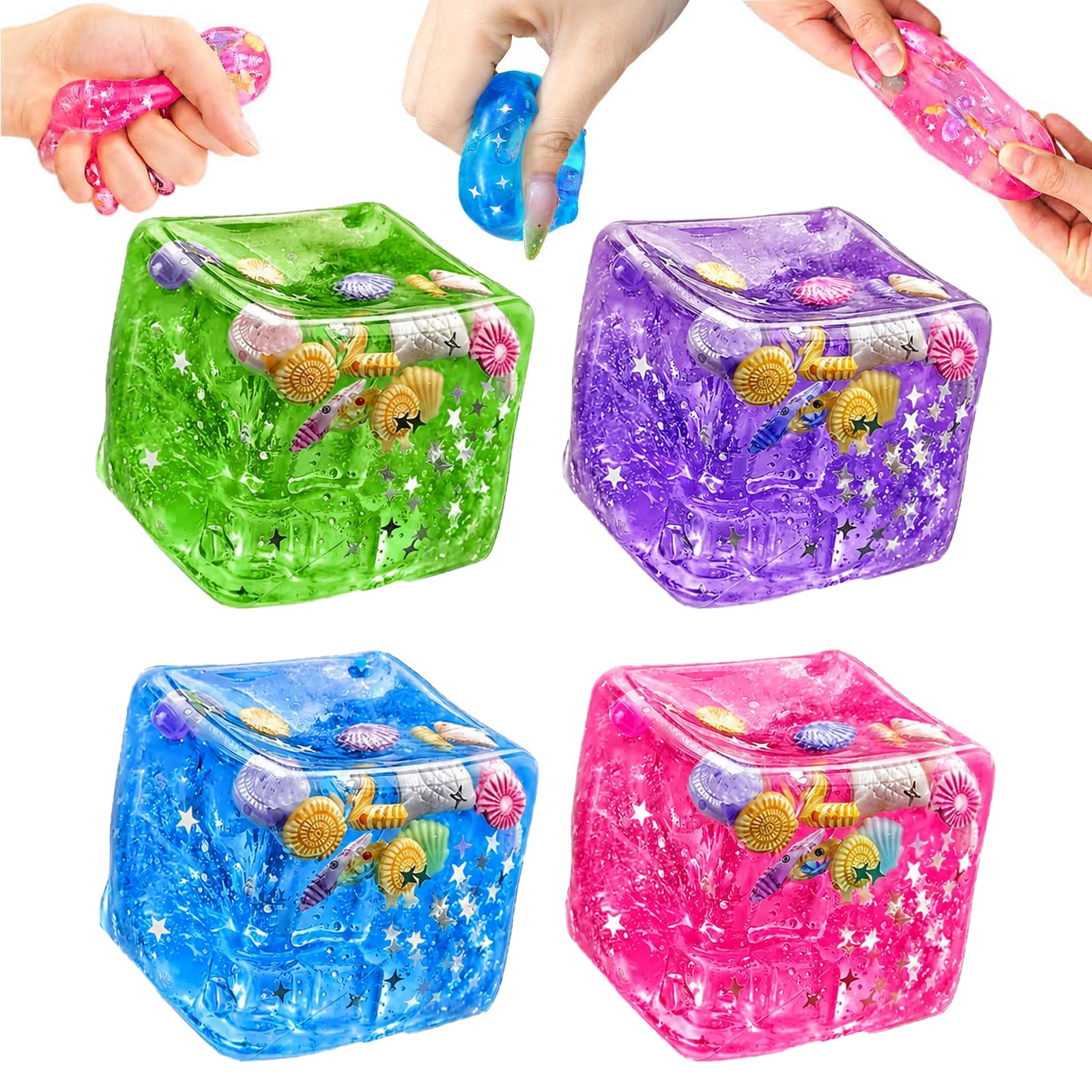 4Pcs Squishy Cube Fidget, Sugar Squishy Ice Cube Stress Ball Squishy with Sea Shells Inside, Sensory Stress Relief Fidget Toys for Adults Teens Classroom Prizes