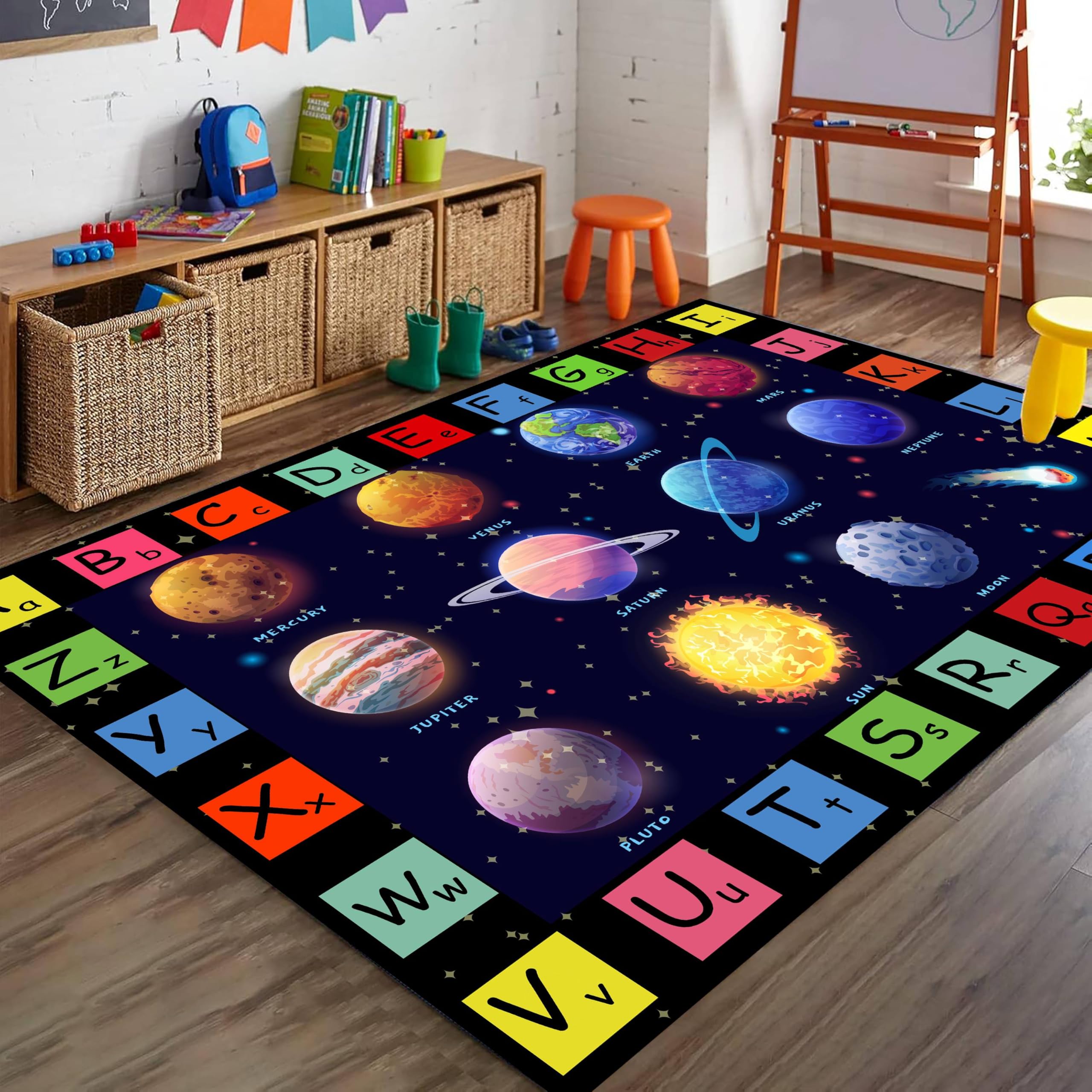 LHOMKCV Space Kids Rug for Nursery, 70x140cm, Solar System Planets Children Learning Area Rug, Washable Alphabet Carpet for Classroom Preschool, Non-slip Toddler Carpets for Bedroom Day Care