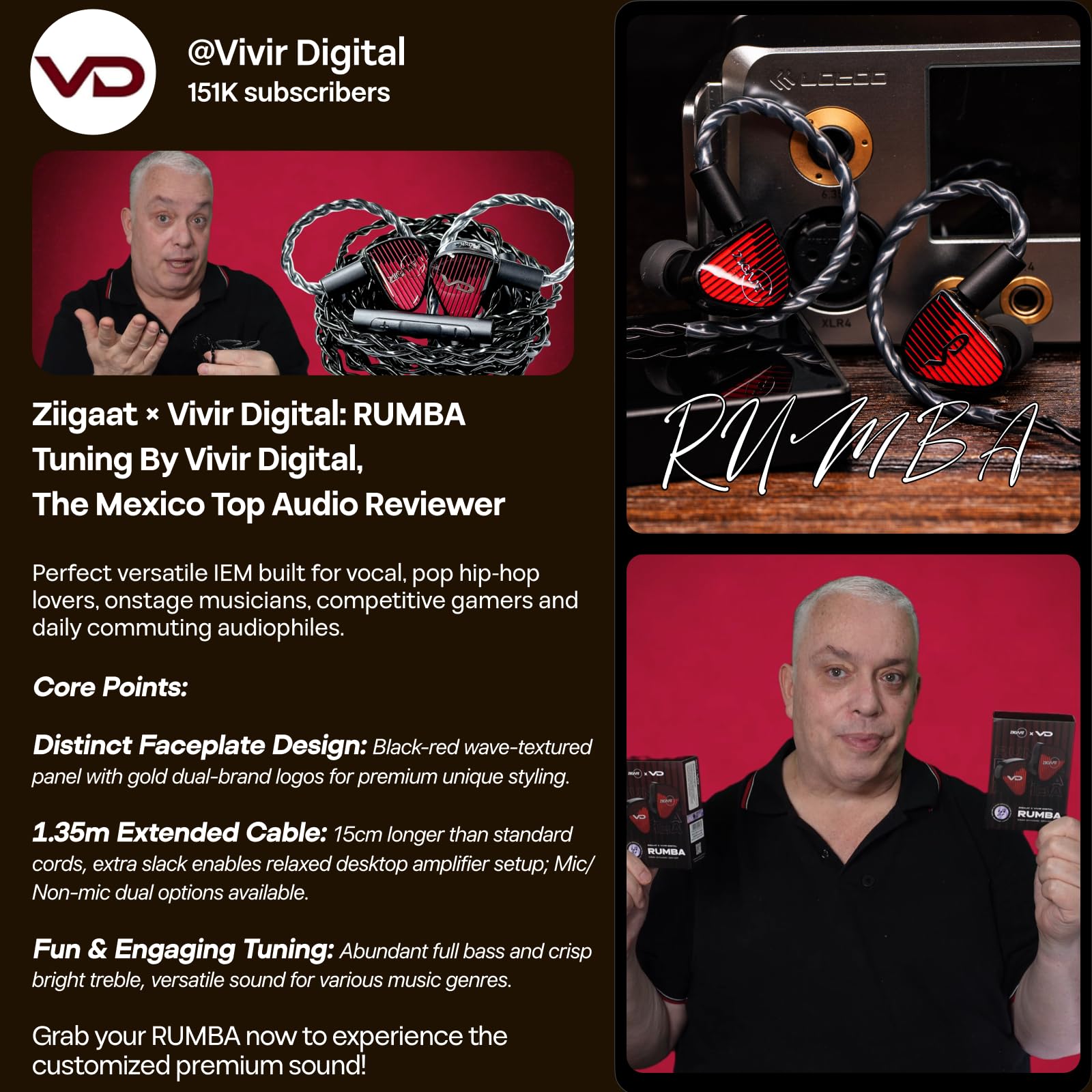 Linsoul ZiiGaat x Vivir Digital Rumba – IEM Driver Grafeno 10mm, Auriculares HiFi con Subgraves, Cable Extraíble 2 Pines para Audiófilos, Gaming y Música (3,5mm Sin Mic)