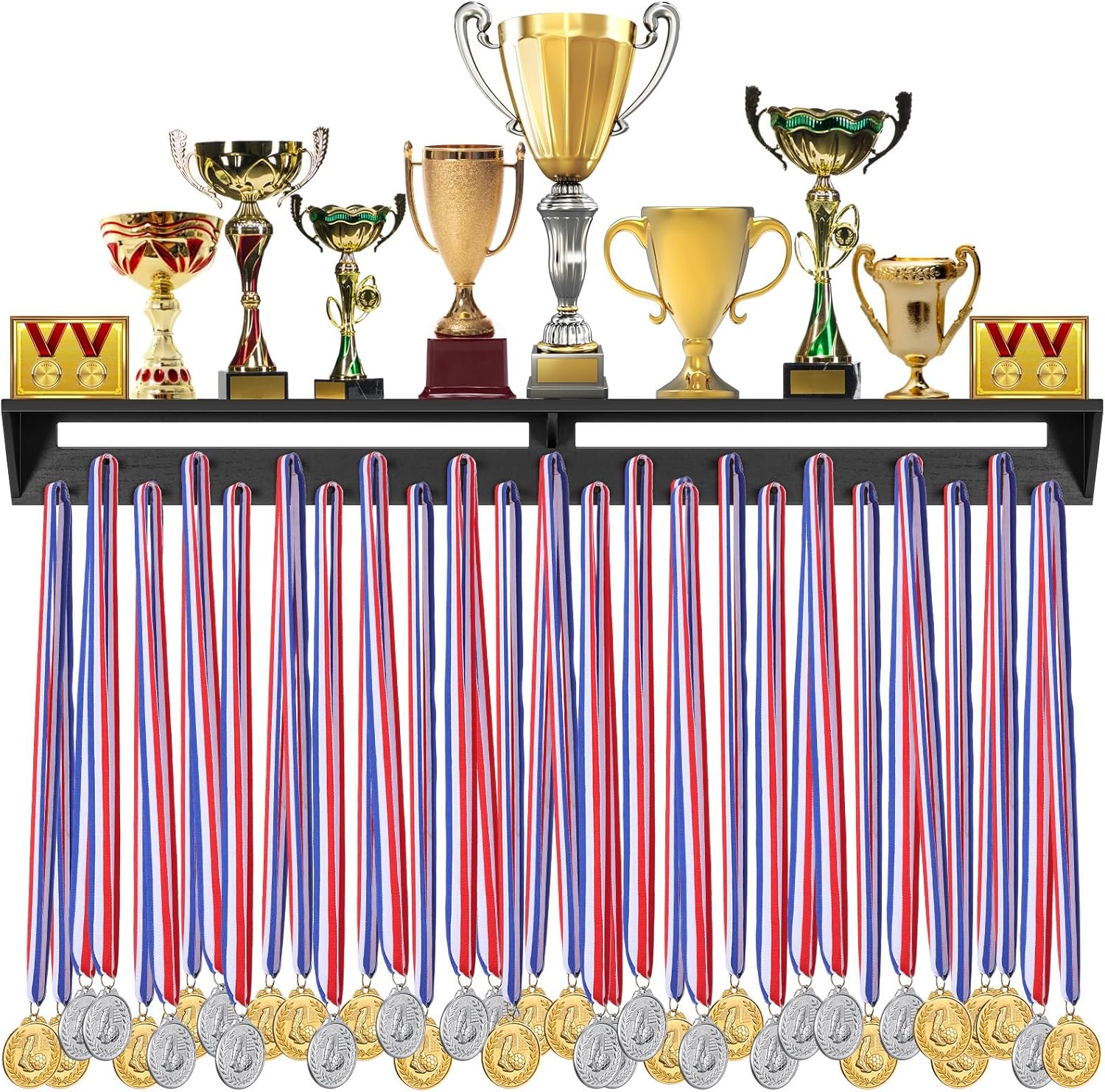 Pinkunn 4ft Medal Hanger Display and Trophy Shelf Wooden Medal Rack Display Holder with 23 Hooks Trophy Shelf for Gymnastics Running Race Marathon Football Basketball Soccer Awards