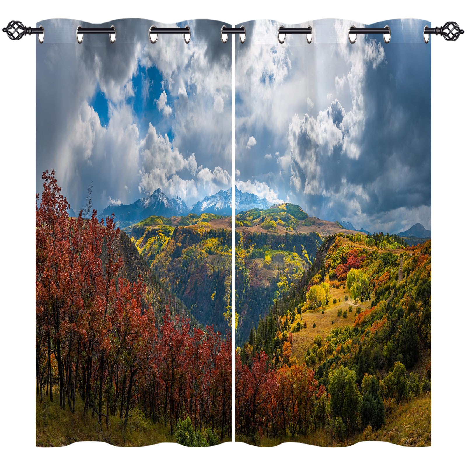 ANHOPE Landscape Curtains Eyelet 80% Blackout Room Darkening Curtains with Nature Forest Mountain Scenery Print Pattern Light Blocking Window Drapes for Bedroom Living Room 55 x 63 Inch Drop 2 Panels