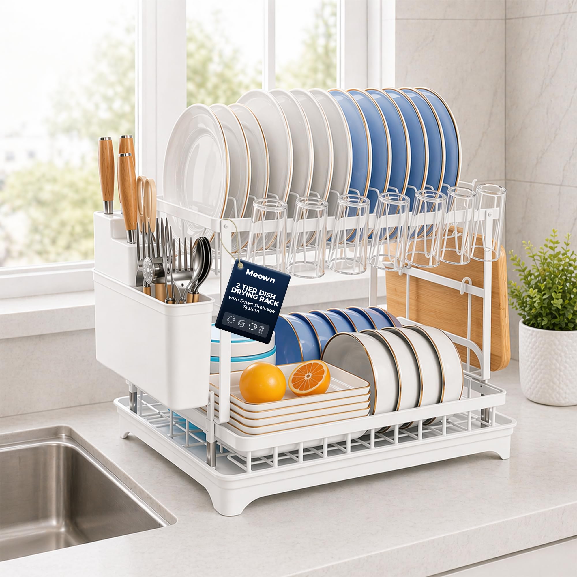 Meown Dish Drying Rack with Drainage Spout, Kitchen Dish Drainer Rack with Cutlery Holder and Cup Holder, Space Saving Dish Rack for Kitchen Counter, Plate Rack Draining Board (White, 2 Tier)