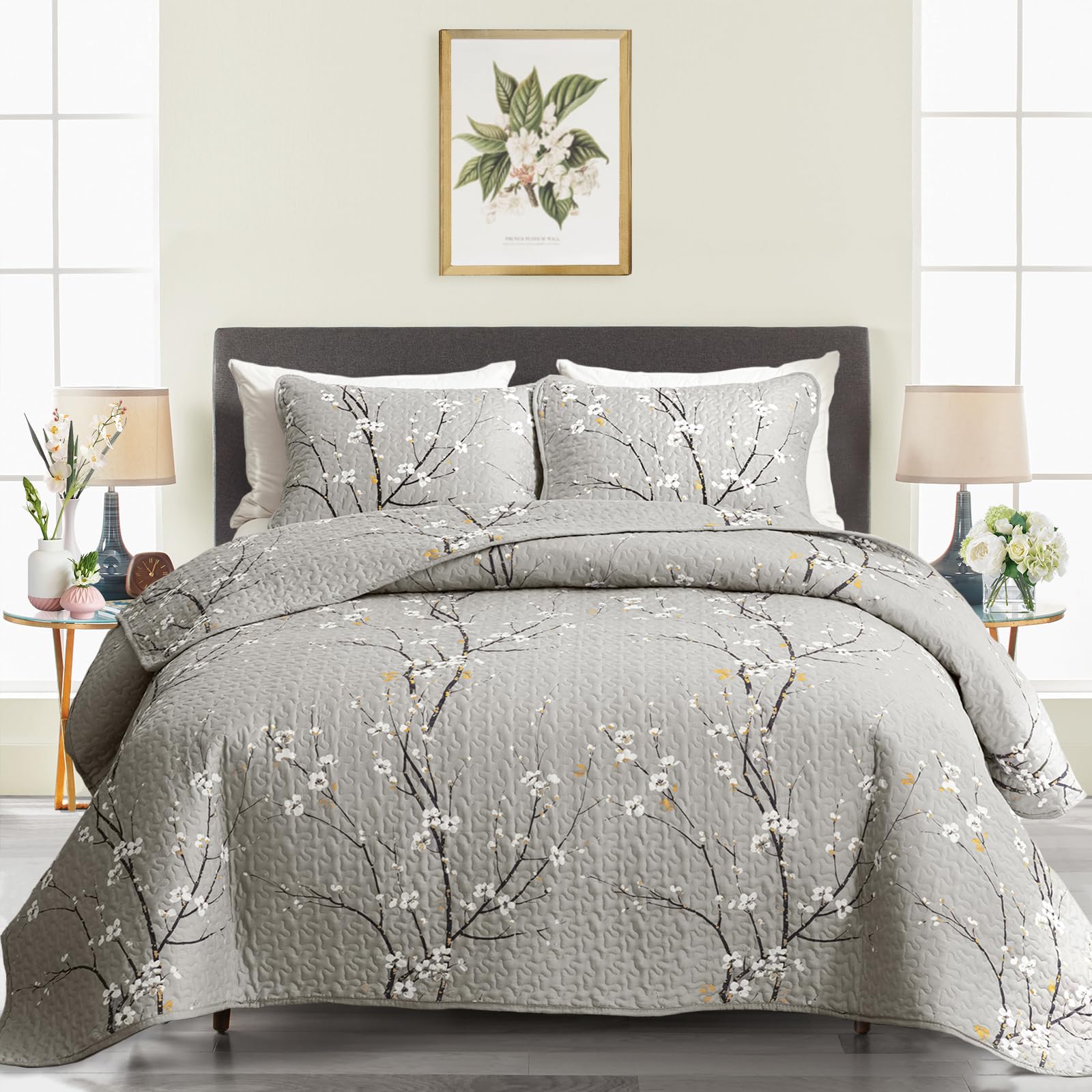 UOZZI BEDDING 3 Piece Reversible Quilt Set Gray Branch King Size 102x88 Soft Microfiber Lightweight Coverlet Bedspread Summer Comforter Set Bed Cover for All Season (1 Quilt+ 2 Shams)