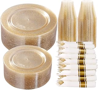 DaYammi 350 Pieces Gold Glitter Dinnerware Set 50 Guest - 50 Dinner Plates, 50 Dessert Plates -50 Per Rolled Napkins with Gold Cutlery - 50 Disposable Cups 9 OZ