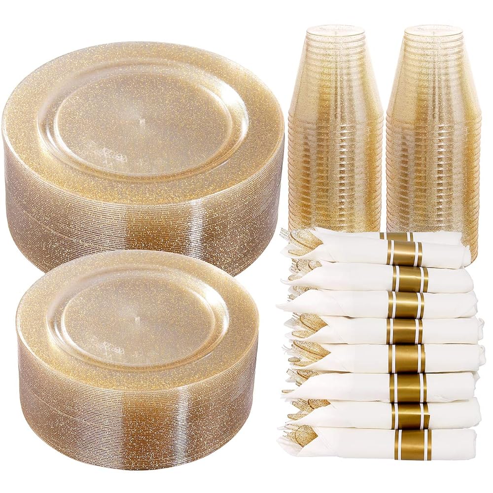DaYammi 350 Pieces Gold Glitter Dinnerware Set 50 Guest for Party Christmas Plates Disposable - 50 Dinner Plates, 50 Dessert Platos -50 Per Rolled Napkins with Gold Cutlery -50 Disposable Cups 9 OZ