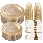 DaYammi 350 Pieces Gold Glitter Dinnerware Set 50 Guest for Party Christmas Plates Disposable - 50 Dinner Plates, 50 Dessert Platos -50 Per Rolled Napkins with Gold Cutlery -50 Disposable Cups 9 OZ
