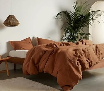 INDACORIFY Linen Duvet Cover in Terracotta Color Stonewashed Linen Duvet Natural Linen Bedding Cover with 2 Pillowcases King Queen Custom Size Duvet Linen, King 90X104 Inches
