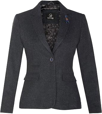 Womens Tweed Herringbone Classic 1920s Formal Wool Tailored Blazer with Elbow Patches