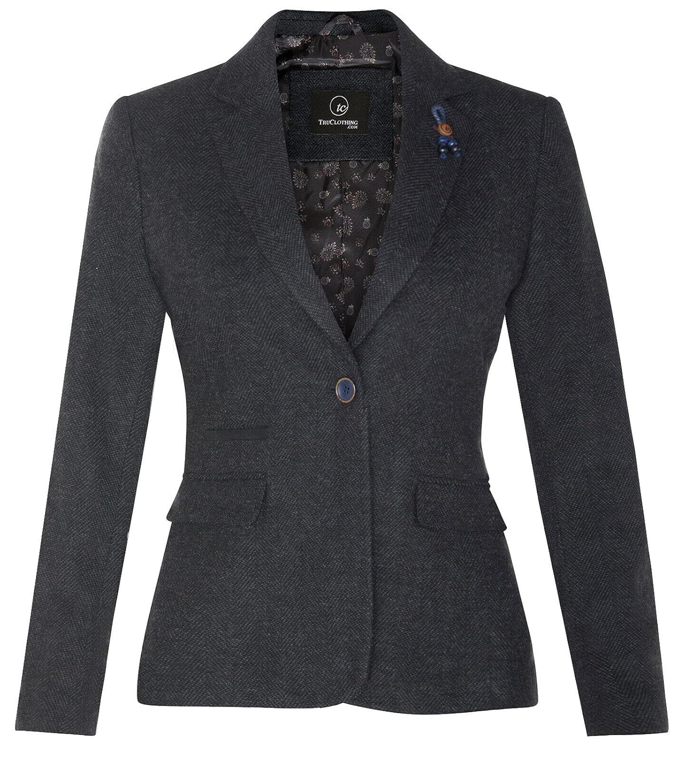 Womens Tweed Herringbone Classic 1920s Formal Wool Tailored Blazer with Elbow Patches