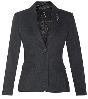 Womens Tweed Herringbone Classic 1920s Formal Wool Tailored Blazer with Elbow Patches