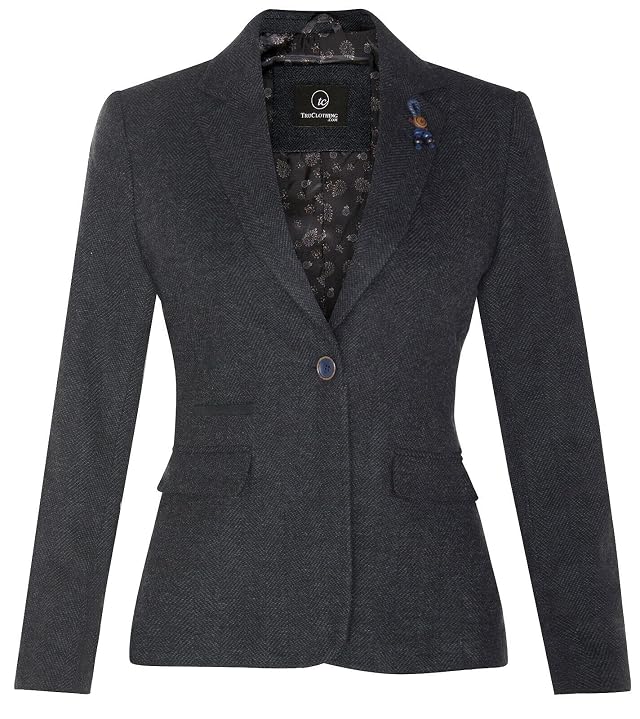Womens Tweed Herringbone Classic 1920s Formal Wool Tailored Blazer with Elbow Patches