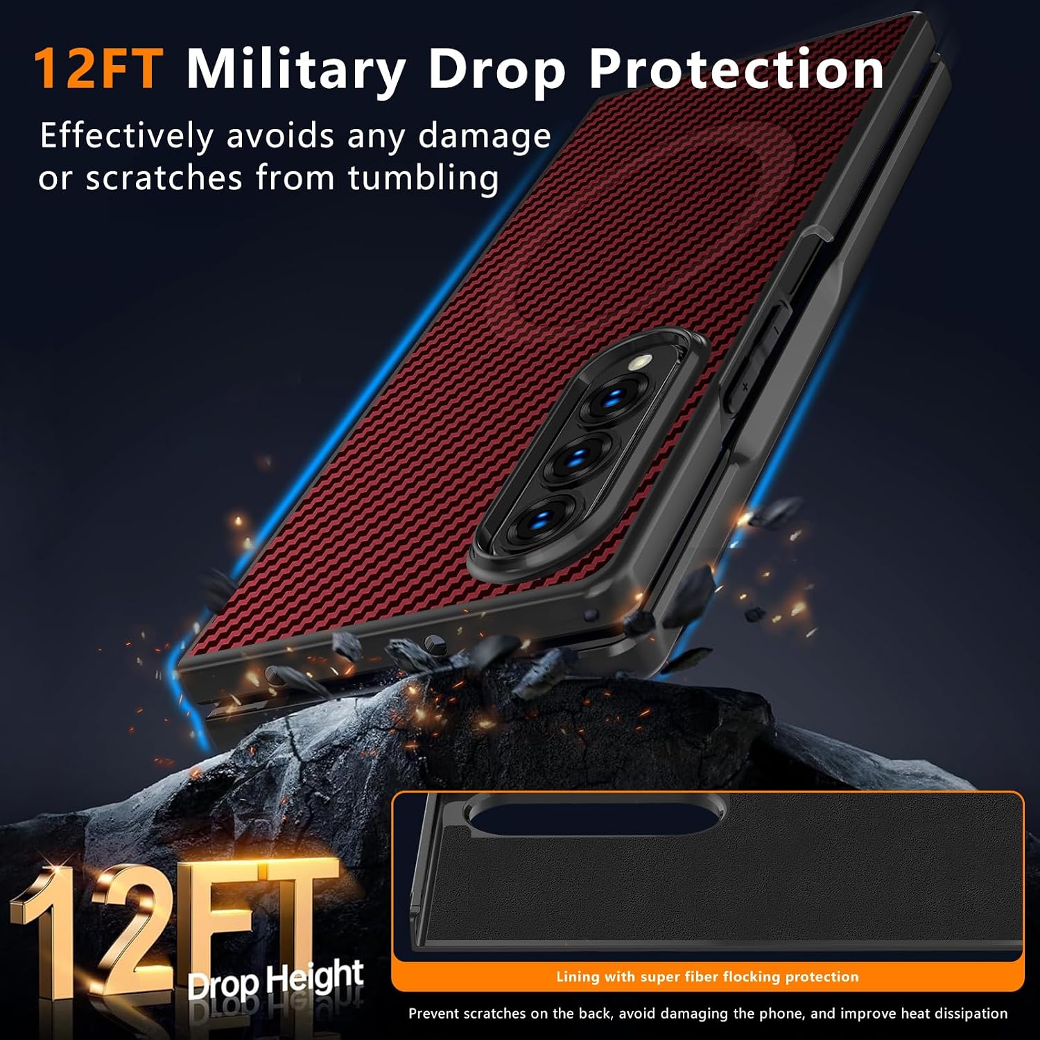 Magnetic for Samsung Galaxy Z Fold4 Case with Carbon Fiber Texture Design,Wireless Charging [PC] Military-Grade Shockproof case Cover for Z Fold 4[Red] MUS-TQCX-02-07