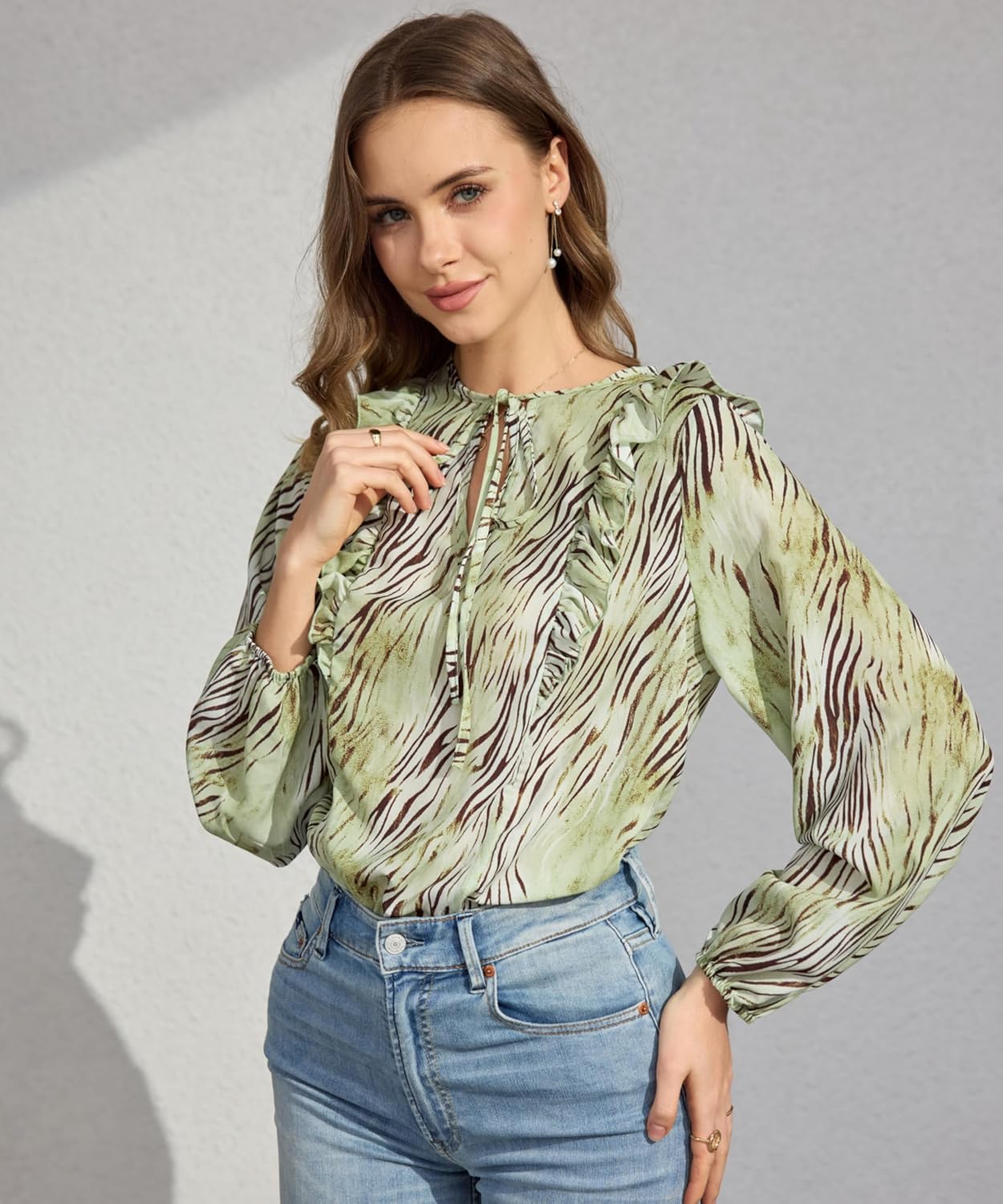 Women Puff Sleeve Tie V Neck Chiffon Shirt Blouse Ruffle Trim Loose Western Casual Vocation Tunic