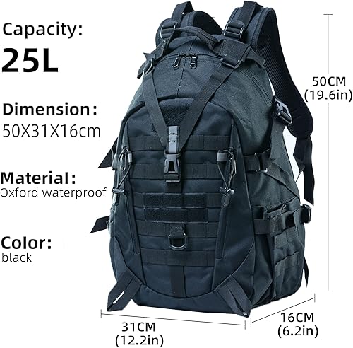 Miniatura 2 de Mochila táctica de 25L para senderismo, mochila militar al aire libre, bolsa Molle, mochila EDC mochila de motocicleta para acampar, Negro -,