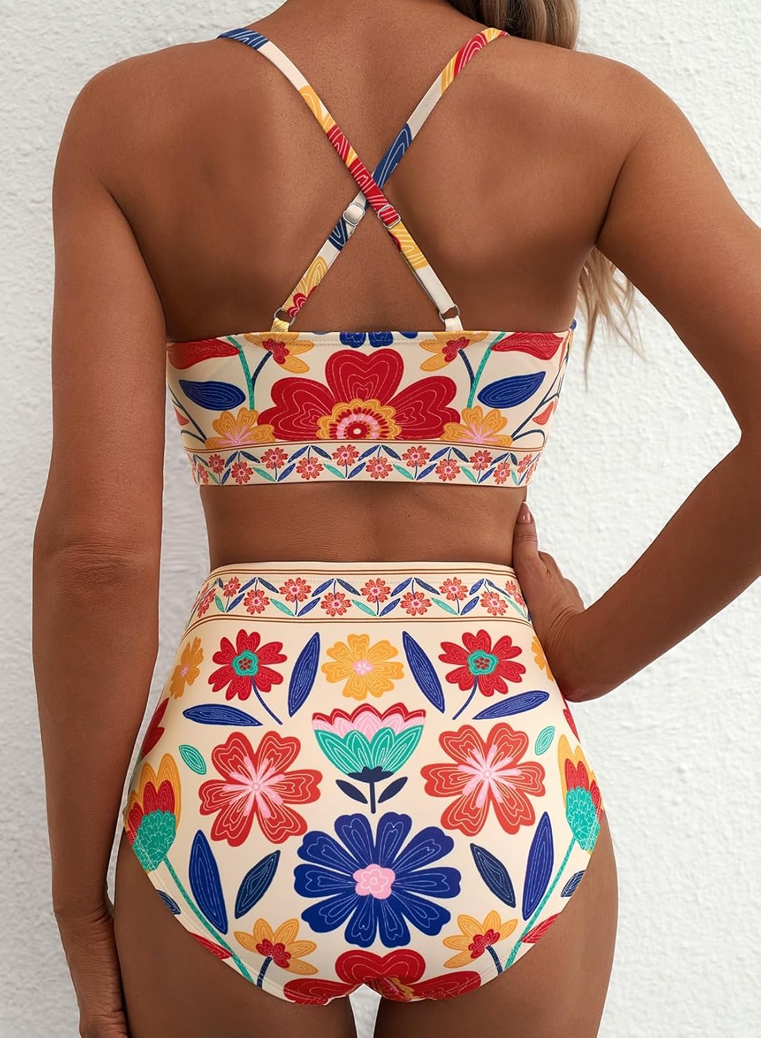 Herseas Womens 2 Piece High Waisted U Wire Bikini Set Floral Print Swimsuit Crisscross Back Bathing Suit Beach Swimwear - Image 2