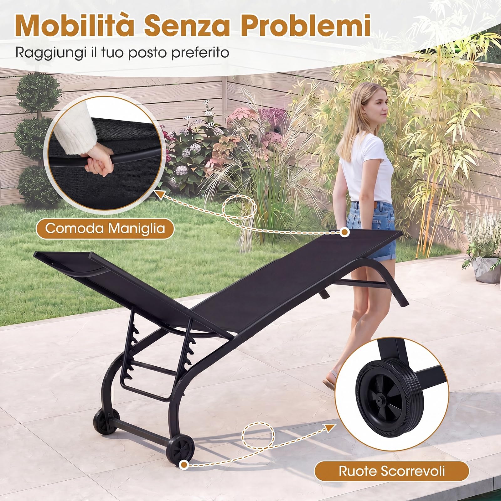 COSTWAY Lettino Prendisole Pieghevole, Sedia a Sdraio da Esterno con 2 Ruote, Schienale Regolabile in 6 Posizioni e Tessuto Traspirante, Sdraio da Giardino per Terrazze e Piscina (Nero,1)