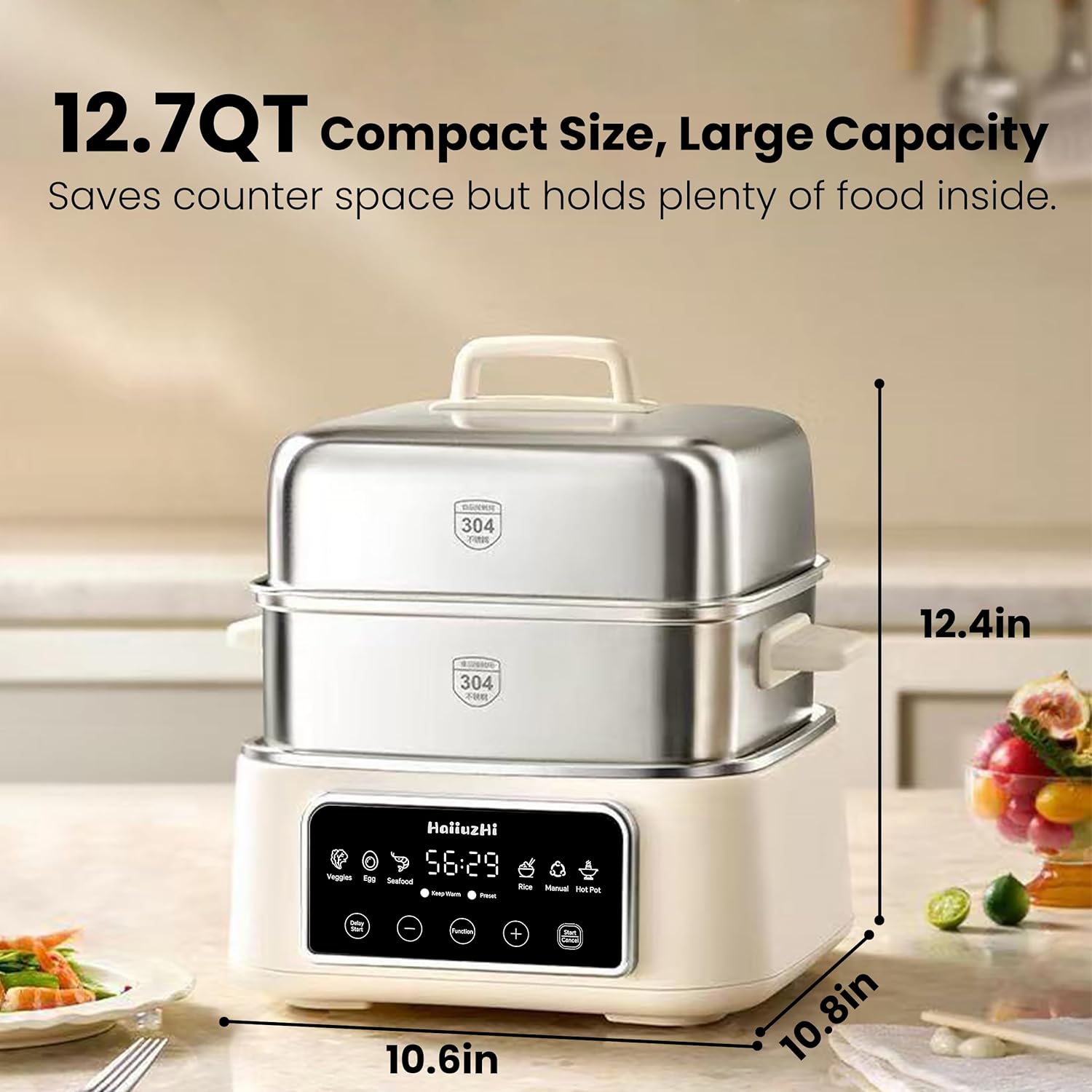 Electric Food Steamer 12.7 QT, Double-Tier 8-in-1 Vegetable & Meal Steamer, Stainless Steel, Timer & Keep Warm, Boil-Dry Protection, Healthy Cooking Kitchen Steamer - Image 2