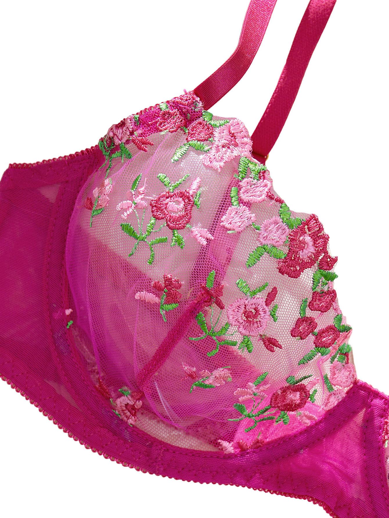 Lilosy Sexy Satin Mesh Floral Sheer Embroidered Underwire Lingerie Set 2 Piece Women: Satin Medium Design Hot Pink